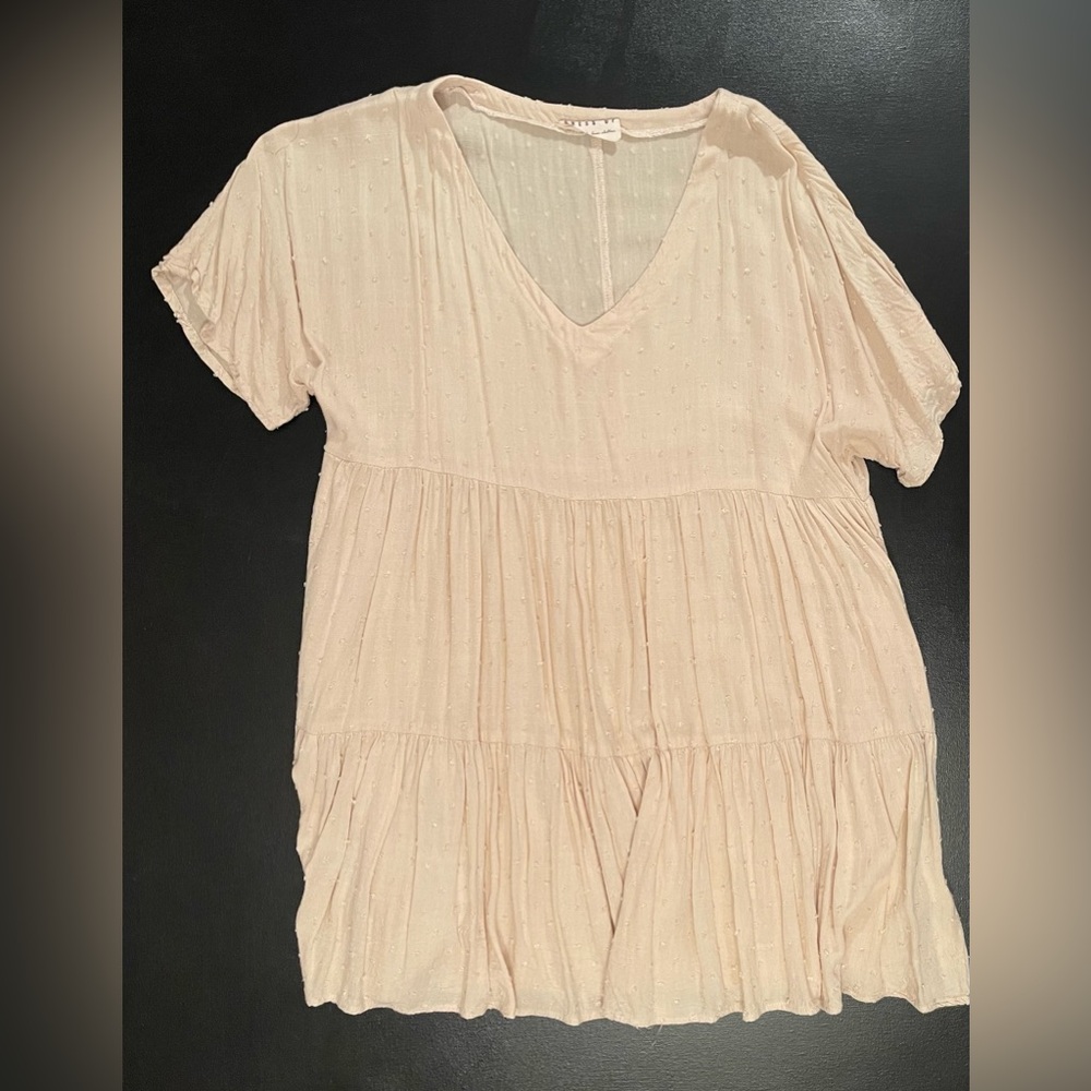 Women's Soft Cream V-Neck Tiered Short Sleeve Tunic